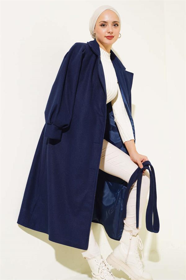 Balloon Sleeve Long Model Navy Blue Cashmere Coat