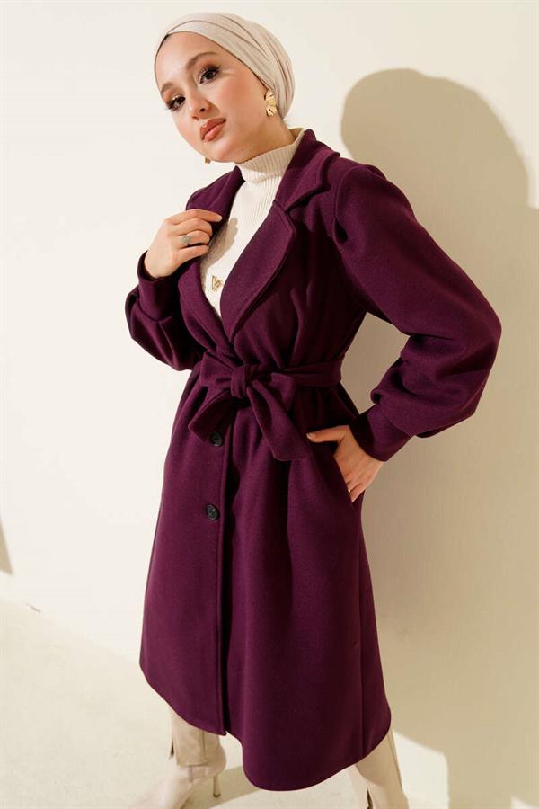 Balloon Sleeve Long Model Purple Cashmere Coat