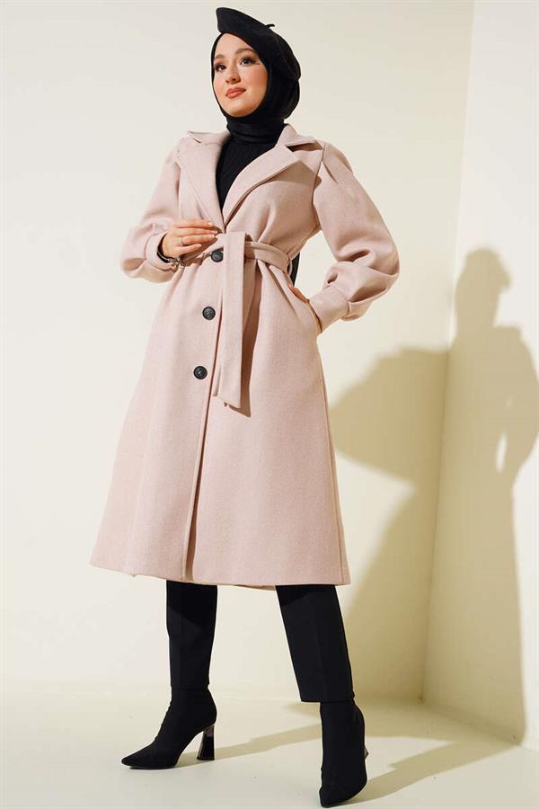 Balloon Sleeve Long Model Powder Cashmere Coat