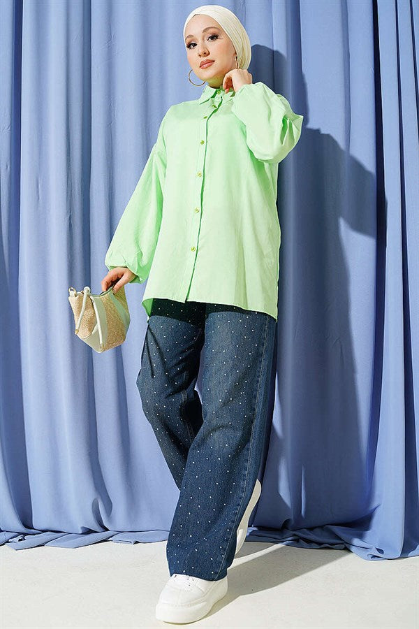 Basic Shirt with Elasticated Cuffs, Aqua Green