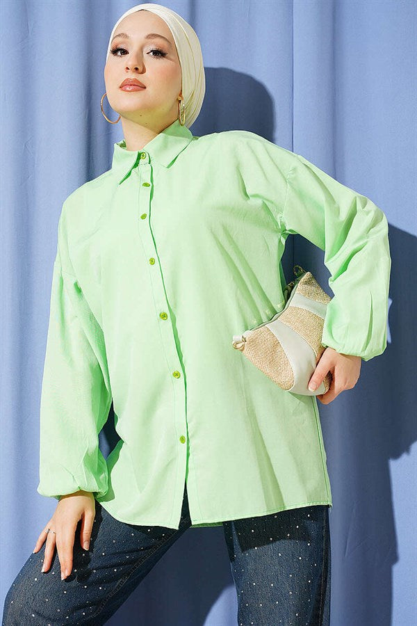 Basic Shirt with Elasticated Cuffs, Aqua Green