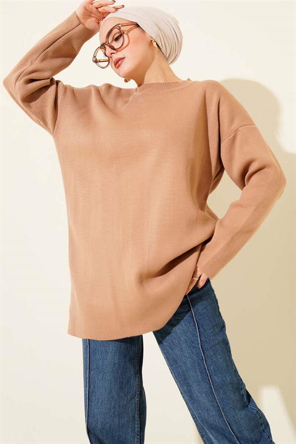 Basic Crew Neck Plain Knit Tunic Latte