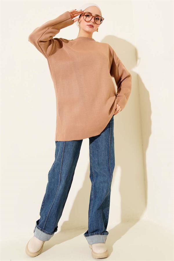 Basic Crew Neck Plain Knit Tunic Latte