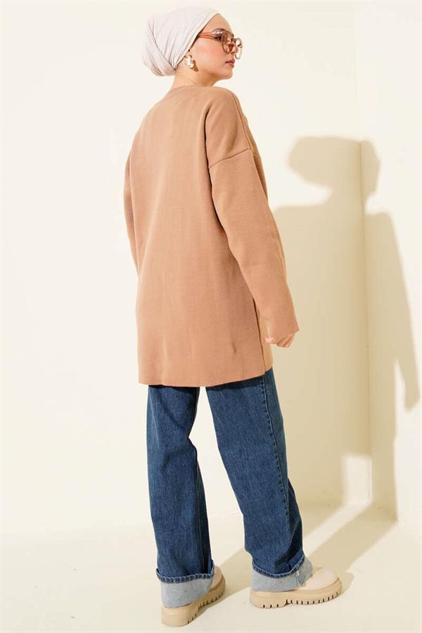 Basic Crew Neck Plain Knit Tunic Latte