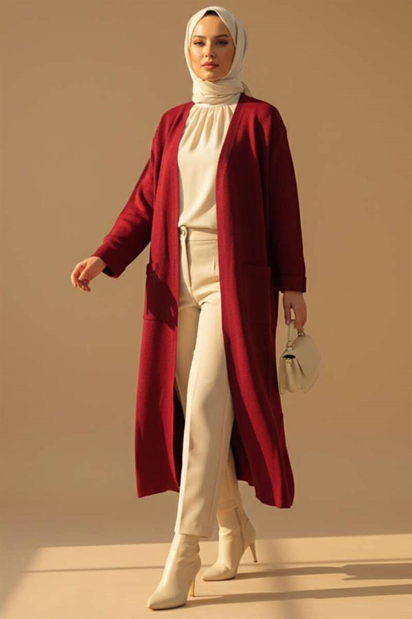 Basic Double Pocket Long Knit Dress Burgundy