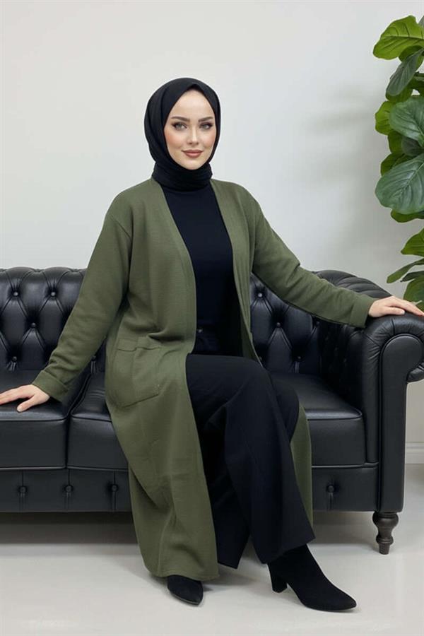 Basic Double Pocket Long Knit Dress Khaki