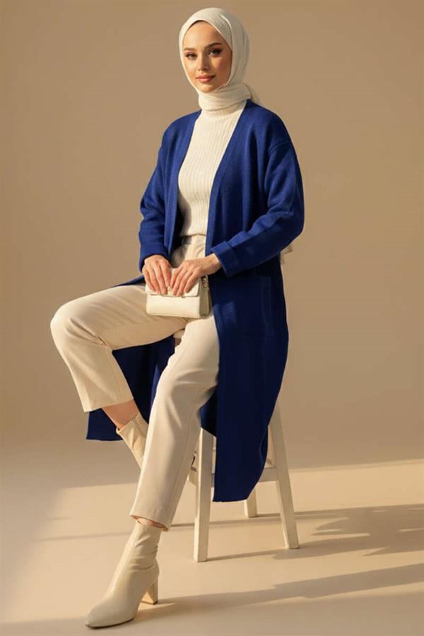 Basic Double Pocket Long Knit Cardigan Navy Blue
