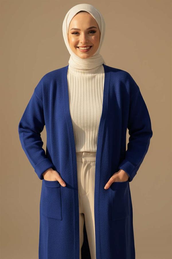 Basic Double Pocket Long Knit Cardigan Navy Blue
