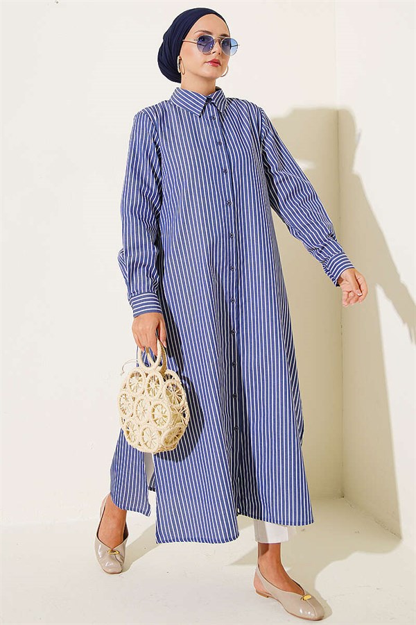 Basic Striped Long Tunic Navy Blue