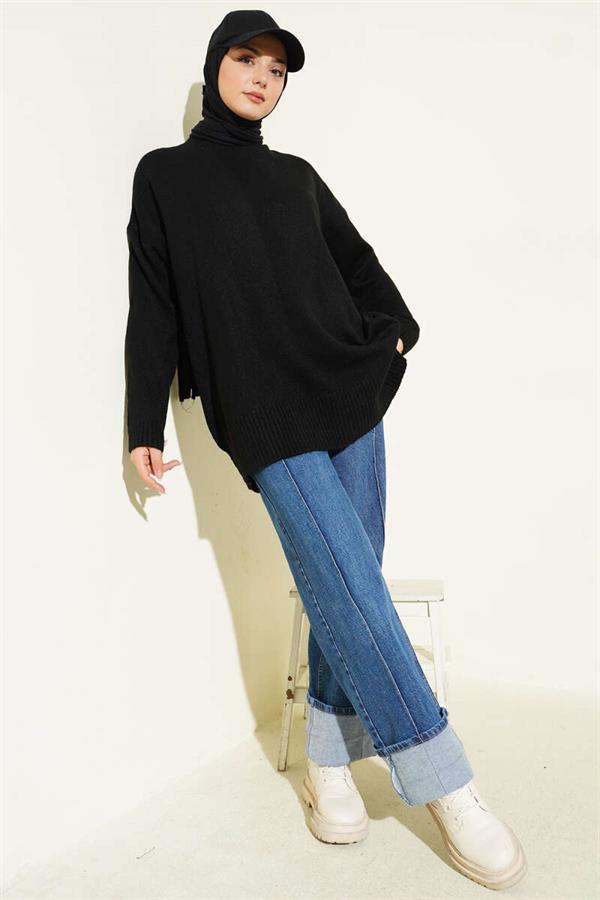 Basic Off-Shoulder Loose Knit Tunic Black