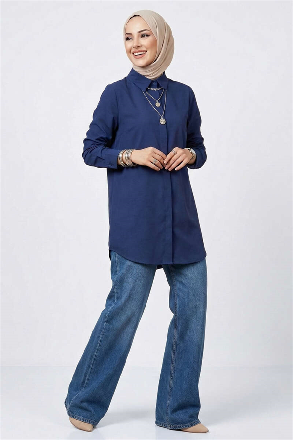 Basic Hidden Button Shirt Navy Blue