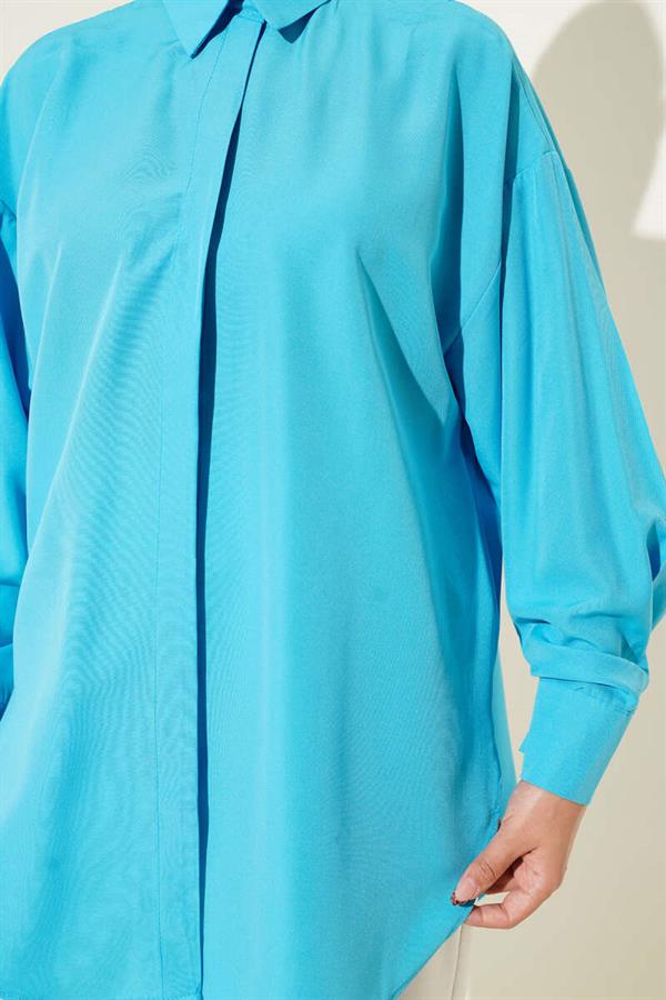 Basic Hidden Button Shirt Turquoise