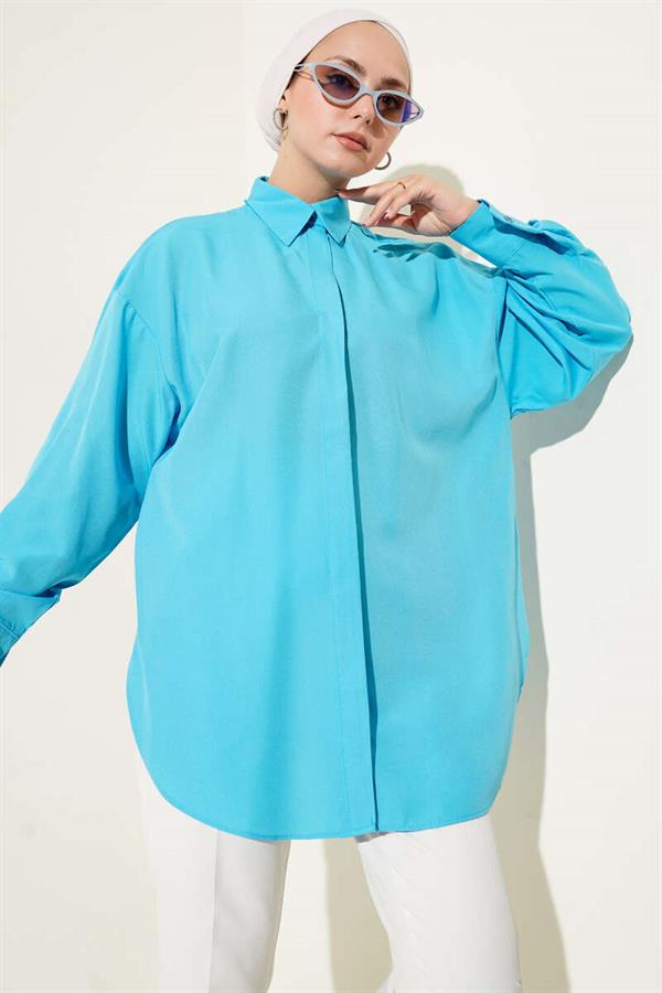 Basic Hidden Button Shirt Turquoise