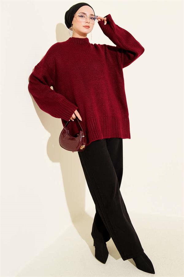 Basic Oversize Knit Tunic Light Claret Red