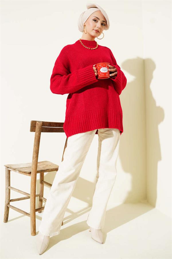 Basic Oversize Knit Tunic Red