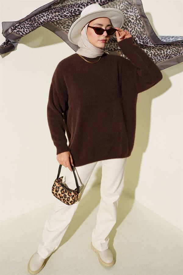 Basic Bearded Knit Tunic Brown