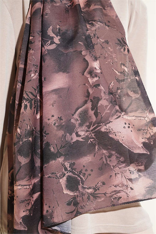Printed Floral Pattern Scarf, Dark Brown