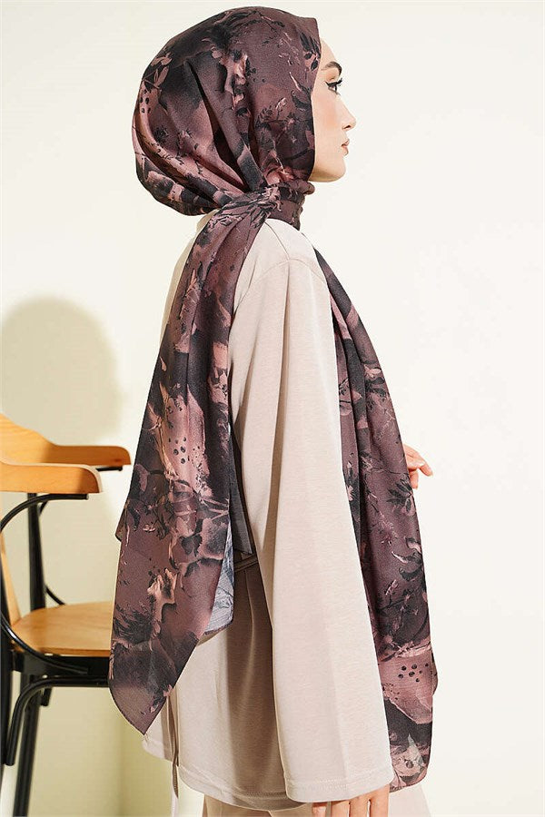 Printed Floral Pattern Scarf, Dark Brown
