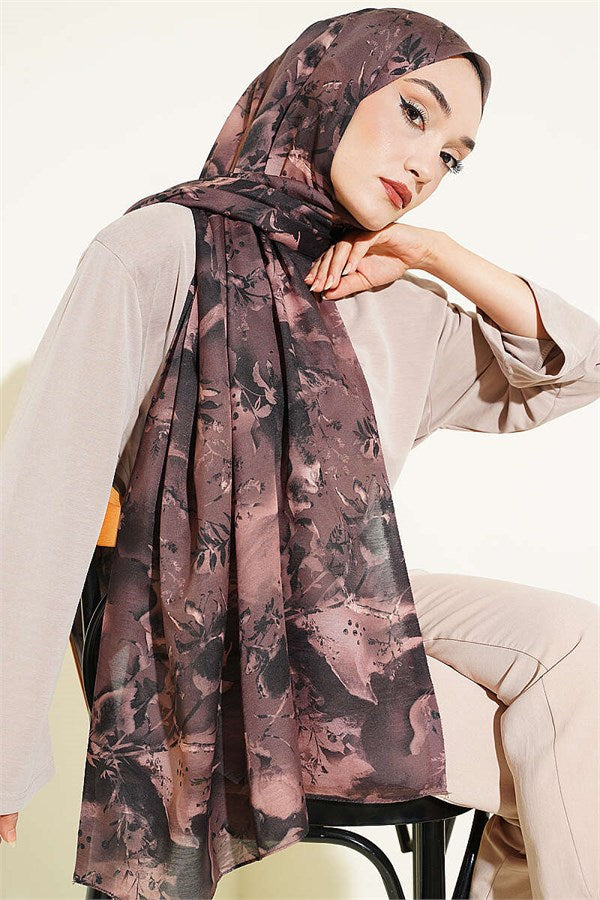 Printed Floral Pattern Scarf, Dark Brown