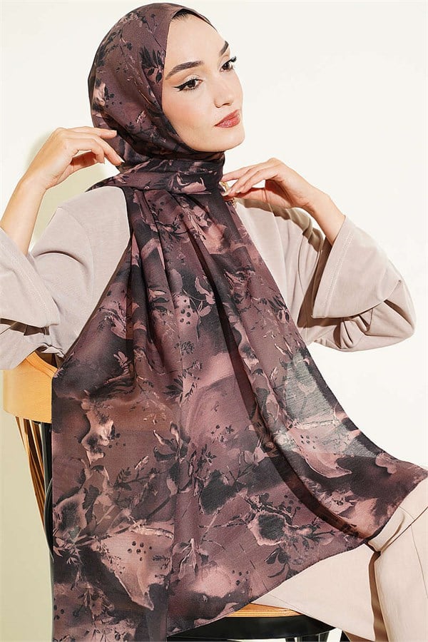 Printed Floral Pattern Scarf, Dark Brown