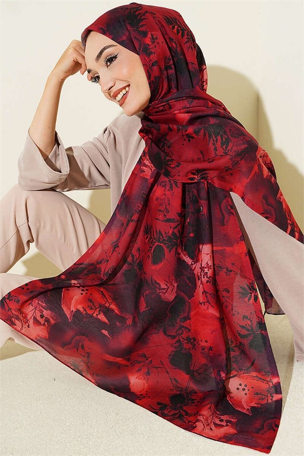 Printed Floral Pattern Scarf, Burgundy