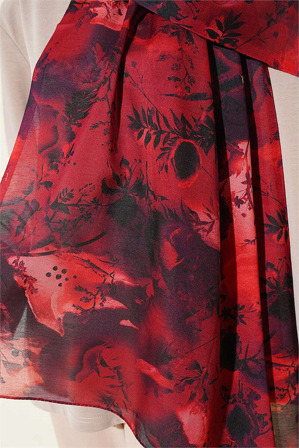 Printed Floral Pattern Scarf, Burgundy