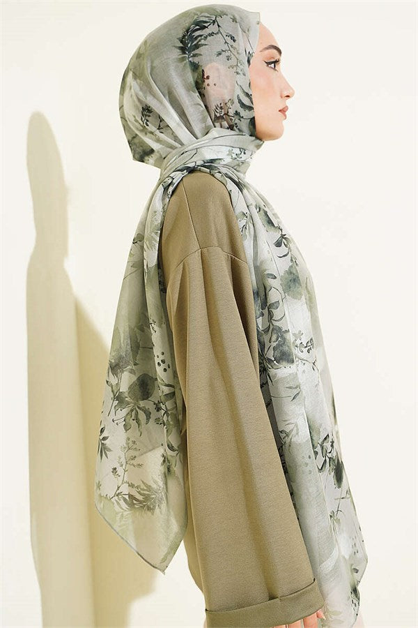 Printed Floral Pattern Scarf, Light Green