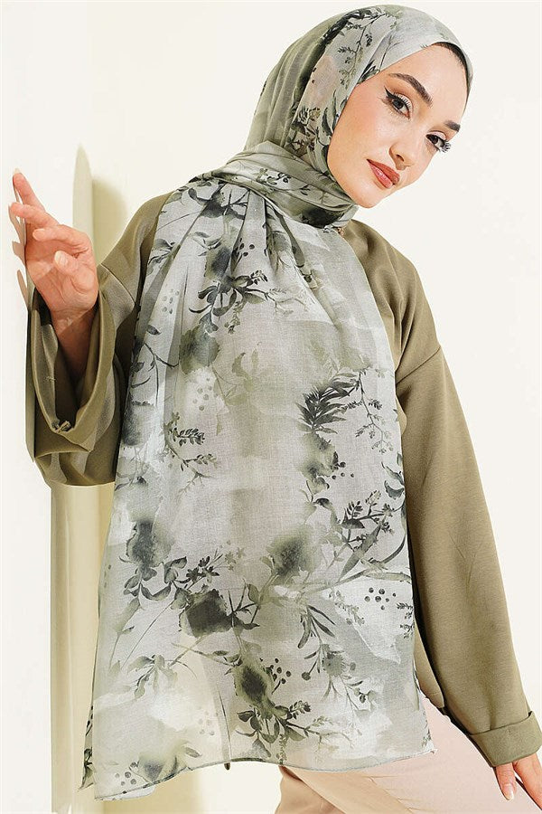 Printed Floral Pattern Scarf, Light Green