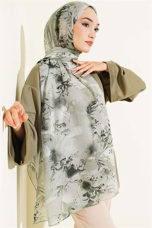 Printed Floral Pattern Scarf, Light Green
