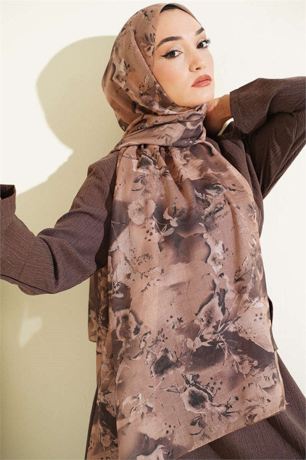Printed Floral Pattern Scarf Camel