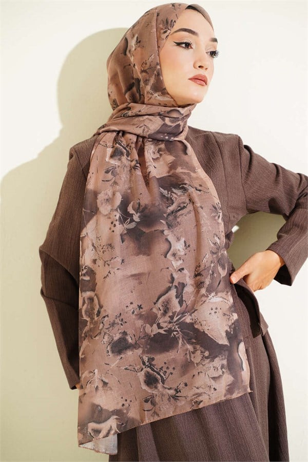 Printed Floral Pattern Scarf Camel