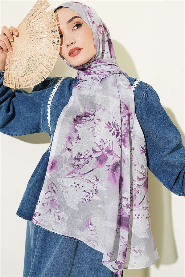 Printed Floral Pattern Scarf Grey