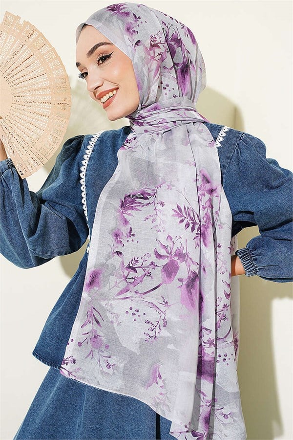 Printed Floral Pattern Scarf Grey