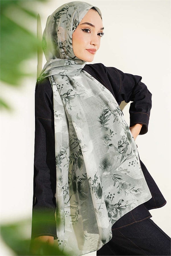 Printed Floral Pattern Scarf, Khaki