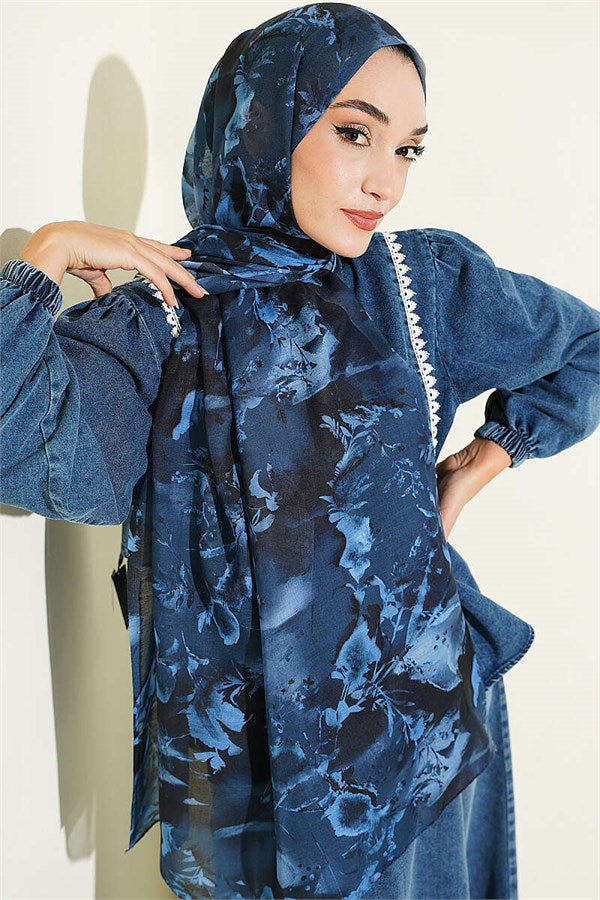 Printed Floral Pattern Scarf, Navy Blue