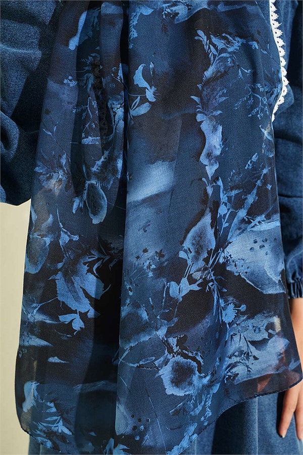 Printed Floral Pattern Scarf, Navy Blue