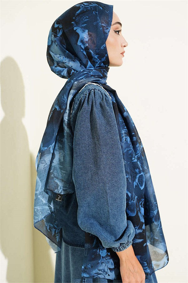 Printed Floral Pattern Scarf, Navy Blue