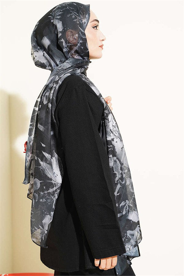 Printed Floral Pattern Scarf, Black