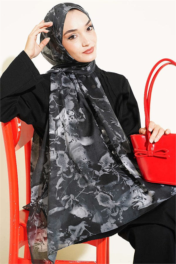Printed Floral Pattern Scarf, Black