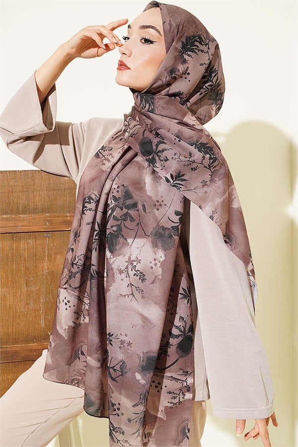 Printed Floral Pattern Scarf, Mink Color