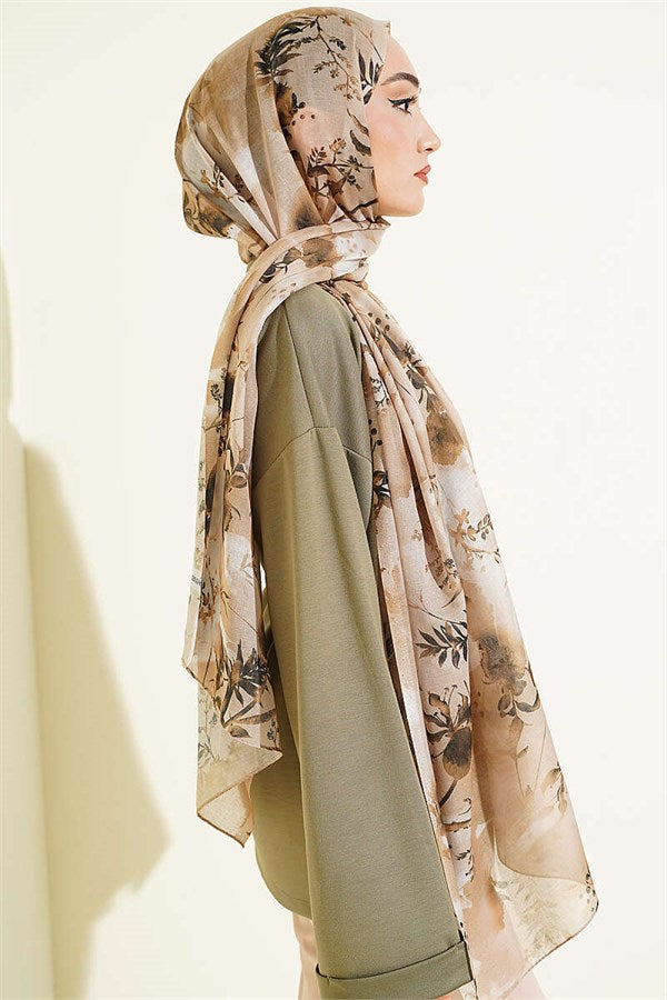 Printed Floral Pattern Scarf, Olive Green