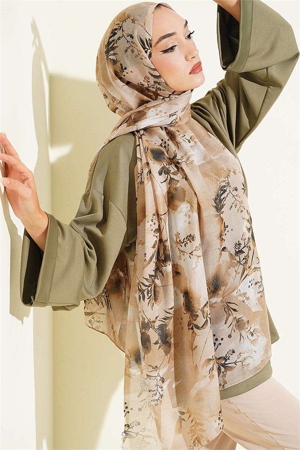 Printed Floral Pattern Scarf, Olive Green