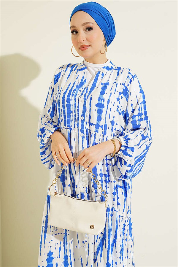 Batik Pattern Mandarin Collar Dress in Navy Blue