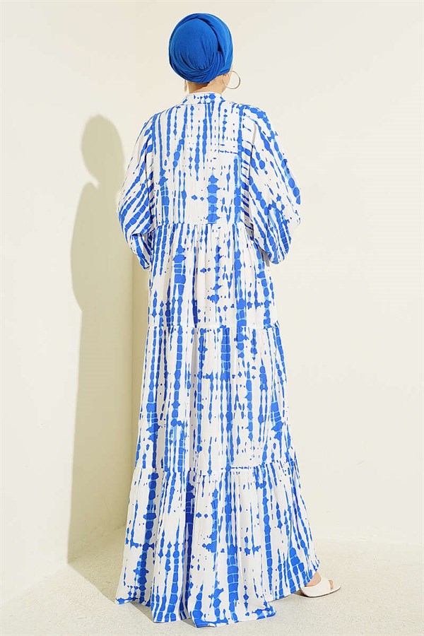 Batik Pattern Mandarin Collar Dress in Navy Blue