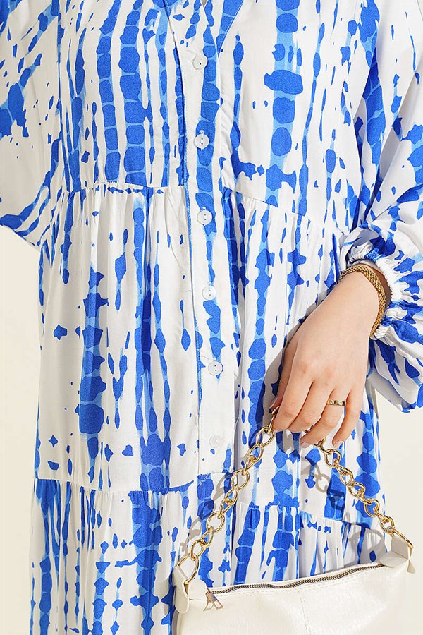 Batik Pattern Mandarin Collar Dress in Navy Blue