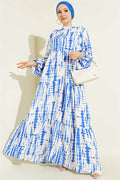 Batik Pattern Mandarin Collar Dress in Navy Blue