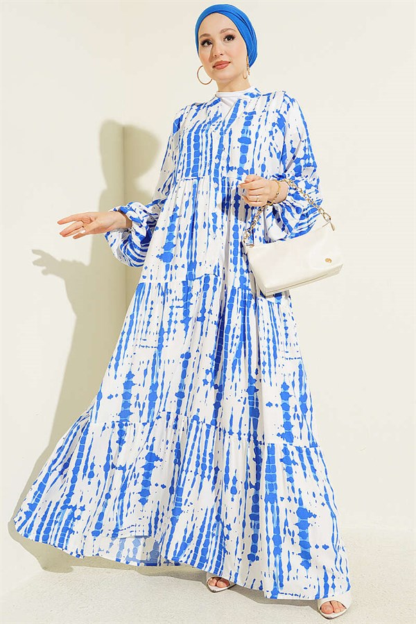 Batik Pattern Mandarin Collar Dress in Navy Blue