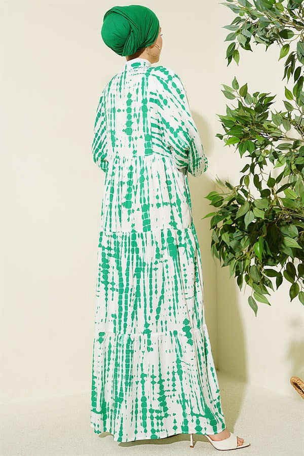 Batik Pattern Mandarin Collar Dress Green