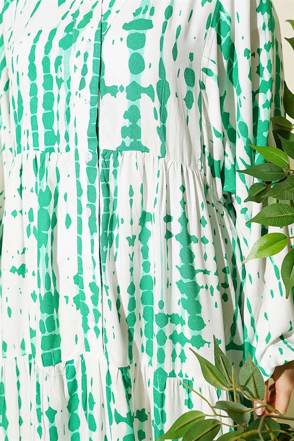 Batik Pattern Mandarin Collar Dress Green