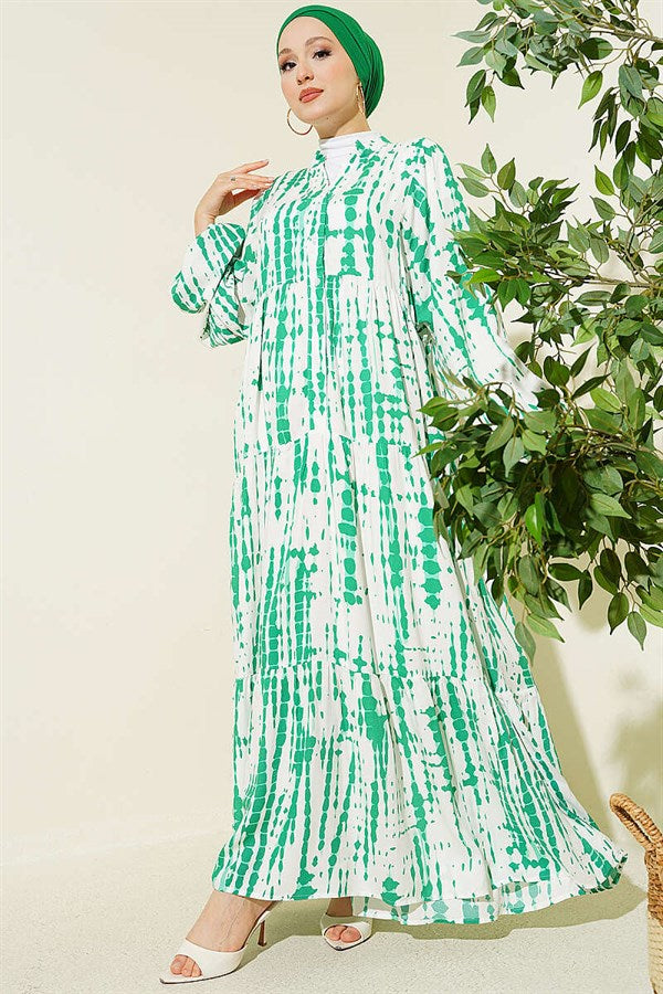 Batik Pattern Mandarin Collar Dress Green